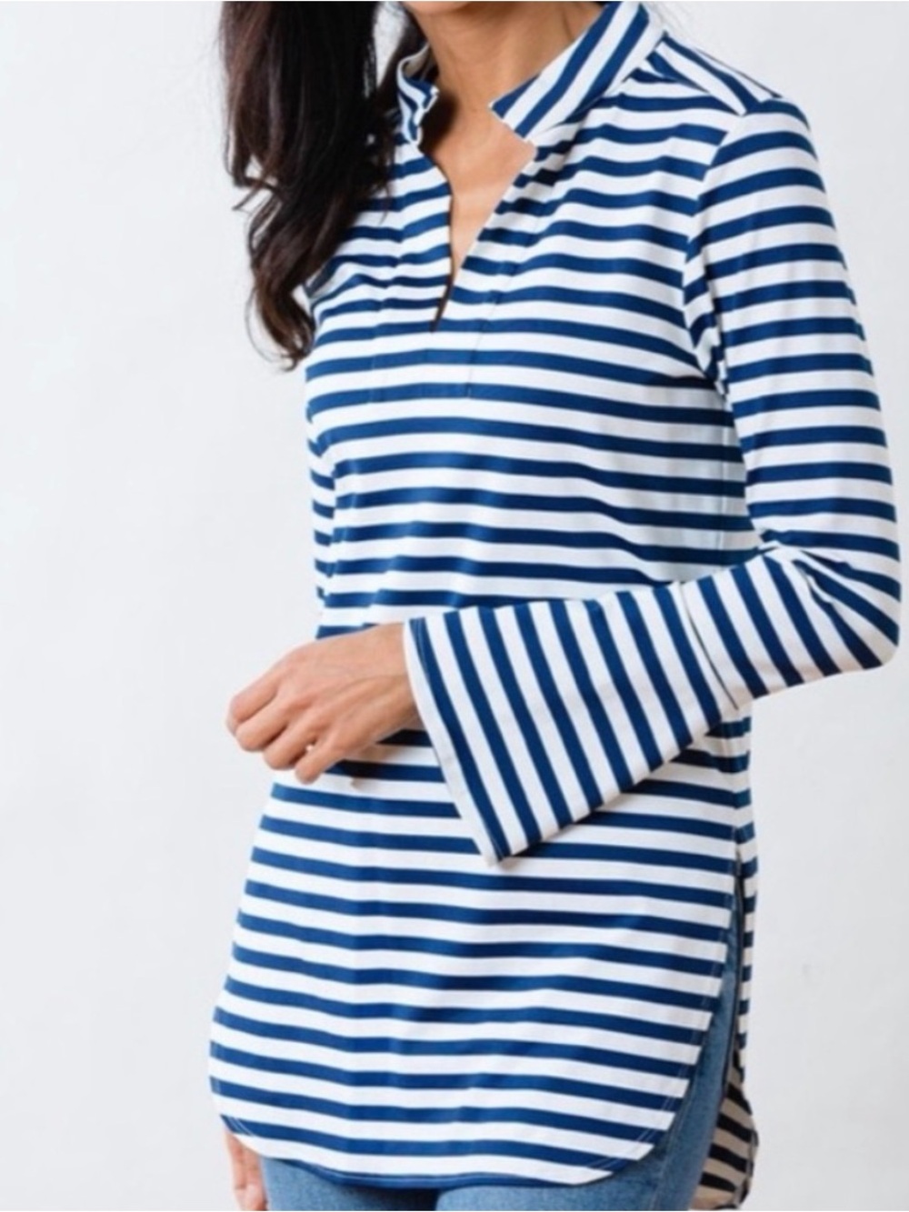 Dudley Stephens India Tunic Bell Top Blue White Stripe Small Nautical Coastal
